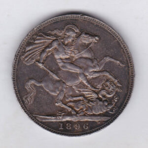 1896 LX silver crown coin featuring Queen Victoria old head or vailed head on the Obverse and the St George & dragon design on the reverse.
