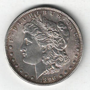1896 Silver USA Morgan Dollar coin featuring lady liberty on the obverse. The eagle holding arrows and an olive branch on the reverse.