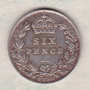 1896 Silver Sixpence coin featuring Queen Victoria on the Obverse. The Reverse features a crowned denomination within wreath.