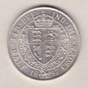 1897 Silver Halfcrown coin featuring the old head of Queen Victoria on the Obverse. The shield of royal arms completes the Reverse design.