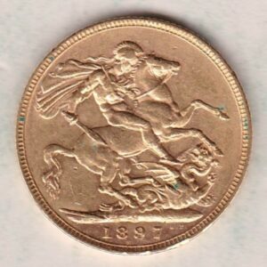 1897 M Gold Sovereign Coin featuring Queen Victoria Old Head on the Obverse and St George & the Dragon on the Reverse. Melbourne, Australia Mint.