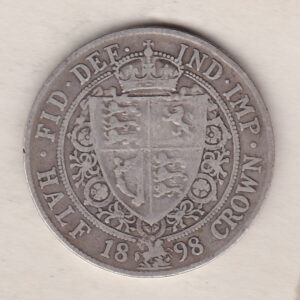 1898 Silver Halfcrown coin featuring the old head of Queen Victoria on the Obverse. The shield of royal arms completes the Reverse design.
