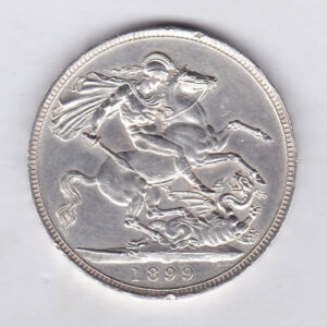 1899 LXIII silver crown Silver Crown Coin featuring Queen Victoria old head or vailed head on the Obverse and the St George & dragon design on the reverse.