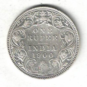 1900 India Silver One Rupee Coin. The obverse side of this coin features the crowned portrait of Queen Victoria facing left.