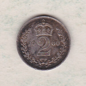 1900 Silver Maundy Twopence coin featuring Queen Victoria on the obverse. A crowned denomination dividing the date on the reverse.