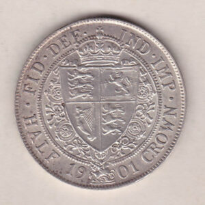 1901 Silver Halfcrown coin featuring the old head of Queen Victoria on the Obverse. The shield of royal arms completes the Reverse design.
