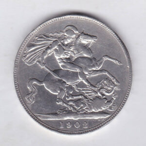 1902 Silver Crown Coin featuring King Edward VII on the Obverse and St George and the dragon reverse. The coin is in fine condition.