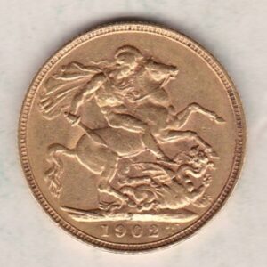 1902 P Gold Sovereign Coin. The coin features King Edward VII on the Obverse. St George and the dragon on the reverse. The P Perth, Australia Mintmark.