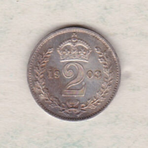 1903 Silver Maundy Twopence coin featuring King Edward VII on the obverse. A crowned denomination dividing the date on the reverse.
