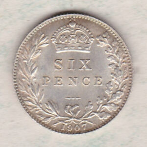 1907 Silver Sixpence coin featuring King George V on the Obverse. The Reverse features a crowned denomination within wreath.