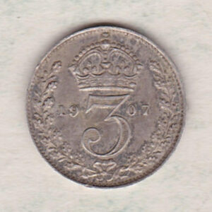 1907 Silver Threepence coin featuring the portrait of King Edward VII on the Obverse. The Reverse features a crowned denomination dividing the date.