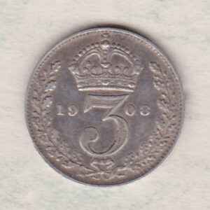 1908 Silver Threepence coin featuring the portrait of King Edward VII on the Obverse. The Reverse features a crowned denomination dividing the date.