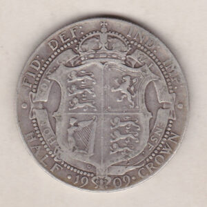 1909 Silver Halfcrown coin featuring king Edward VII on the Obverse. The Reverse features a crowned quartered shield of arms.