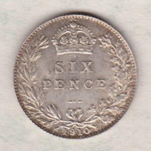 1910 Silver Sixpence coin featuring King George V on the Obverse. The Reverse features a crowned denomination within wreath.