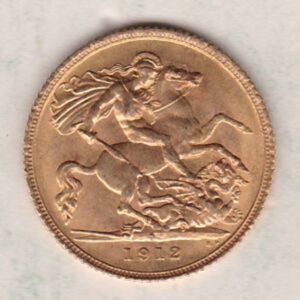 1912 S Gold Half Sovereign coin featuring the portrait of King George V on the Obverse. St George and the dragon on the Reverse.