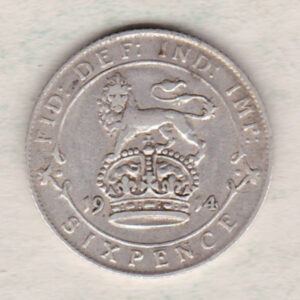 1914 Silver Sixpence coin featuring King George V on the Obverse. The Reverse features a crowned lion with date and denomination.