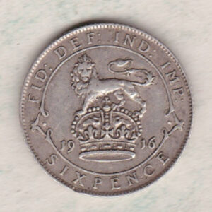 1916 Silver Sixpence coin featuring King George V on the Obverse. The Reverse features a crowned lion with date and denomination.