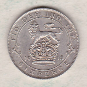 1918 Silver Sixpence coin featuring King George V on the Obverse. The Reverse features a crowned lion with date and denomination.