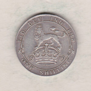 1919 Silver Shilling coin featuring King George V on the Obverse. The Reverse features a crowned lion with date and denomination.