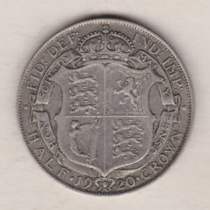 1920 Silver Halfcrown coin featuring the King George V on the Obverse. The crowned quartered shield of arms within Garter band on the Reverse.