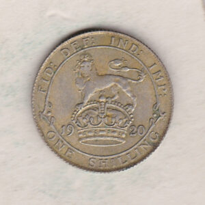 1920 Silver Shilling coin featuring King George V on the Obverse. The Reverse features a crowned lion with date and denomination.