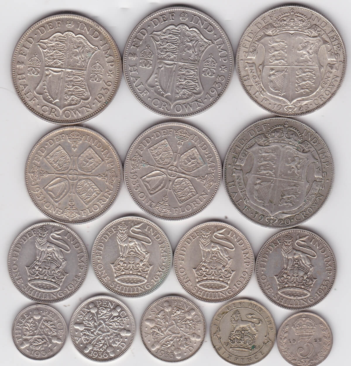 1920 To 1936 Fifteen Coin Silver Selection. The fifteen coins weight approx. 112.93 grams of 0.500 silver. The equivalent of 56.465 grams of fine silver.