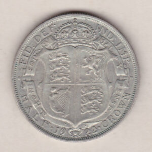 1922 Silver Halfcrown coin featuring the King George V on the Obverse. The crowned quartered shield of arms within Garter band on the Reverse.