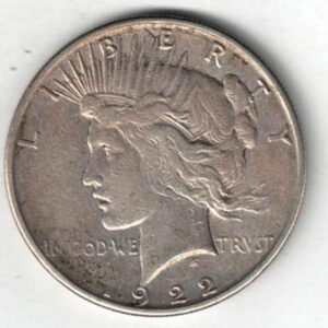 1922 S Silver USA Peace Dollar coin. The Obverse features the capped head of Liberty facing left. The American eagle on the reverse.