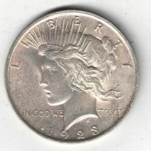 1923 Silver USA Peace Dollar coin. The Obverse features the capped head of Liberty facing left. The American eagle on the reverse.