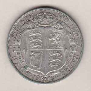 1924 Silver Halfcrown coin featuring the King George V on the Obverse. The crowned quartered shield of arms within Garter band on the Reverse.
