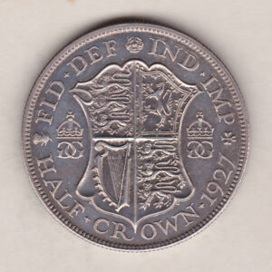 1927 Silver Proof Halfcrown coin featuring King George V on the Obverse. The Quartered shield of arms flanked by crowned royal cyphers complete the Reverse.