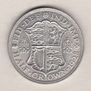 1928 Silver Halfcrown coin featuring the King George V on the Obverse. The Quartered shield of arms flanked by crowned royal cyphers complete the Reverse.