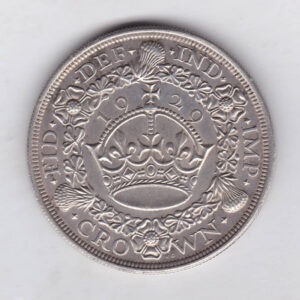 1929 Silver Crown Coin featuring King George V on the Obverse and the wreath design on the reverse. The coin is in extremely fine condition.