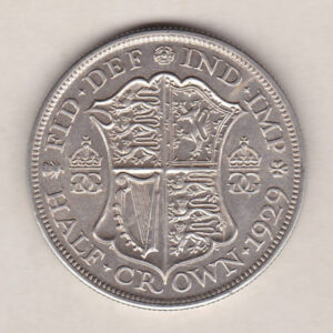 1929 Silver Halfcrown coin featuring the King George V on the Obverse. The Quartered shield of arms flanked by crowned royal cyphers complete the Reverse.