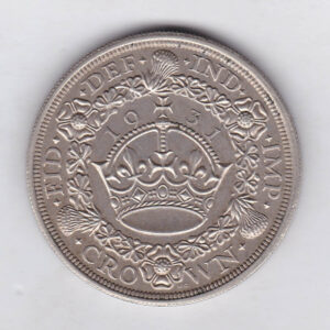 1931 Silver Crown Coin featuring King George V on the Obverse and the wreath design on the reverse. The coin is in extremely fine condition.