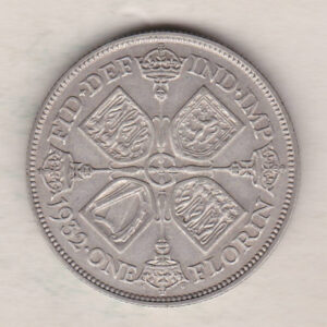 1932 Silver Florin coin. The portrait of King George V on the Obverse. The cruciform crowned sceptres around central G on the reverse.