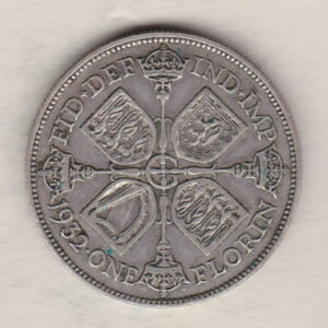 1932 Silver Florin coin. The portrait of King George V on the Obverse. The cruciform crowned sceptres around central G on the reverse.