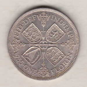 1935 Silver Florin coin. The portrait of King George V on the Obverse. The cruciform crowned sceptres around central G on the reverse.