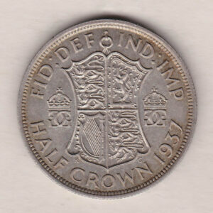 1937 Silver Halfcrown coin featuring the King George VI on the Obverse. The Quartered shield of arms flanked by crowned royal cyphers complete the Reverse.
