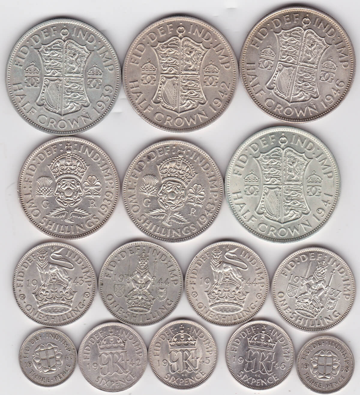 1937 To 1946 Fifteen Coin Silver Selection. The fifteen coins weight approx. 112.81 grams of 0.500 silver. The equivalent of 56.405 grams of fine silver.