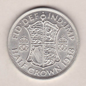 1938 Silver Halfcrown coin featuring the King George VI on the Obverse. The Quartered shield of arms flanked by crowned royal cyphers complete the Reverse.