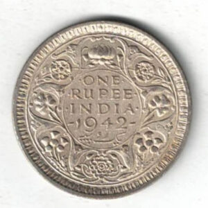1942 B India Silver One Rupee Coin. The obverse features George VI. The reverse features The reverse has the denomination and date within circle.
