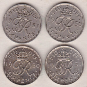 Four 1950 And 1951 George VI Cupro Nickel Sixpence Coins featuring King George VI. The reverse features the crowned royal cypher dividing the date.