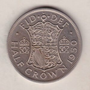 1950 Cupro Nickel Proof Halfcrown Coin. The obverse features King George VI. The reverse features the quartered shield of arms.