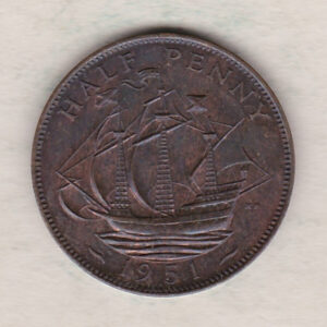 1951 Proof Bronze Halfpenny coin featuring the portrait of King George VI on the obverse. The reverse side of the coin depicts a three-masted ship.