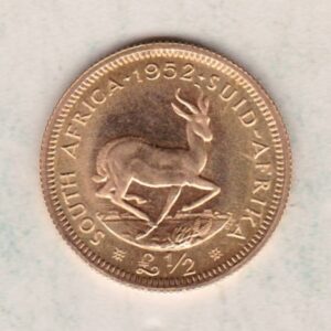 1952 South Africa Proof Gold Half Pond coin featuring King George VI on the Obverse. The Springbok, date and denomination on the reverse.