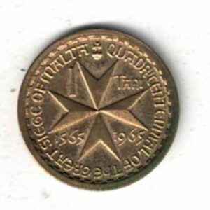 1965 Malta Brass One Tari Coin. The obverse features the arms of a sovereign order of Saint Join MXLVIII. The reverse features the Maltese Cross. 
