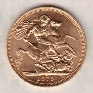 1979 Gold Sovereign Coin. This coin features the second portrait of Queen Elizabeth II on the obverse. St George and dragon on the reverse.