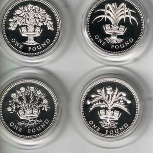 1984-1987 One Pound Silver Proof United Kingdom Collection featuring Elizabeth II on the obverse. All coins are in stock for despatch.