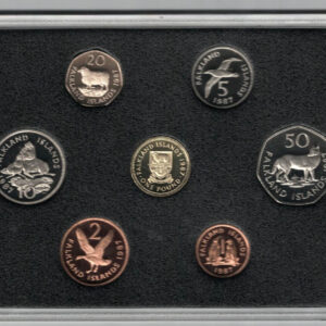 1987 Falkland Islands Coinage Seven Coin Proof Set. The obverse features the portrait of Queen Elizabeth II facing right. All coins are in stock.